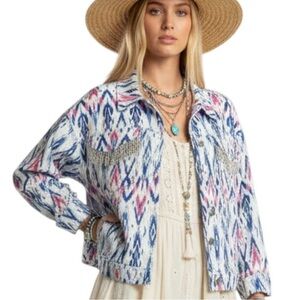 Savannah Jane NWT 1X Abstract Print Stretch Corduroy Relaxed Fit Jean Jacket